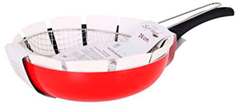 Sartén freidora con cesto 26 cm. Sartén honda antiadherente con cestillo, especial vitro e inducción, apta para todo tipo de cocinas (Rojo)