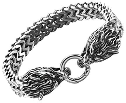 HFUHLK Wolf Fenrir Armband, Vintage Nordisch Skandinavischen Keltischen Heidnischen Amulett Schmuck, Edelstahl Biker Bordsteinkette Wolf Head Link,230 mm 9.05 inch