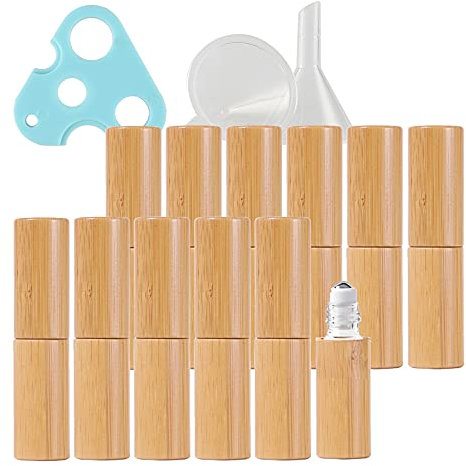 ZEOABSY 24 Pieza Rodillo Botellas de Vidrio Transparente con Cáscara de Bambú, Bolas de Acero Inoxidable, 24ml Botellas de Roll-on para aromaterapia Fragancia con 1x abrebotellas 1x embudos