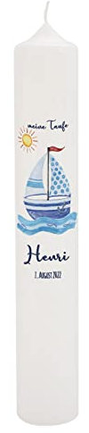 Herz & Heim® Große Taufkerze 38cm mit Segelboot und Fischen