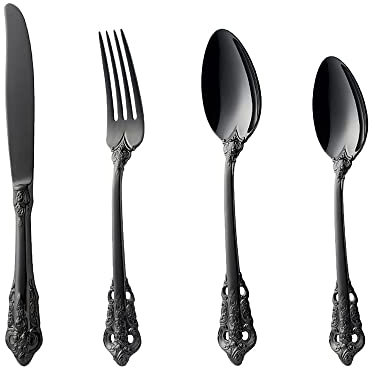Juego de cubiertos de acero inoxidable 18/10 de calidad alimentaria de 4 piezas con cuchara de tenedor de cuchillo, cucharilla, estilo real antiguo, apto para lavavajillas