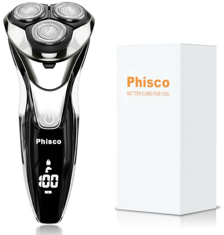 Phisco Rasoio Elettrico Barba Uomo, Rasoio Elettrico Barba con Regolabarba IPX7 Impermeabile Rasoio Rasatura Secco o Bagnata LCD Energia Schermo, 3D Rotanti Rasoio con 3 Testine di Ricambio