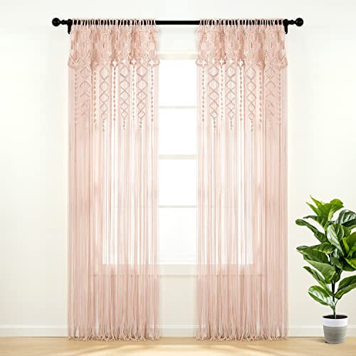 Lush Decor Panneau de Rideau de fenêtre en Coton texturé macramé bohème, Panneau Simple, 101,6 cm de Large x 213,4 cm de Long, Rose poudré – Rideau de Porte – Séparateur de pièce, Mariage ou