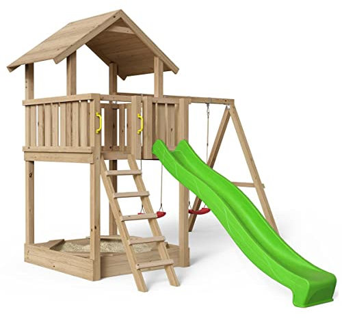 Spielturm Mia 358 - natürlich Lärche - außergewöhnlich - Spielturm mit Holzdach, Sandkasten, Doppelschaukel und Rutsche apfelgrün