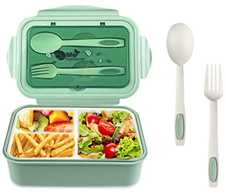 Newpop Fiambrera con 3 Compartimentos y Cuchara Tenedor 1400ml, lunch box Sin BPA Hermetica fugas, bento box para Microondas y Lavavajillas, loncheras para Adultos Niños Escuela Trabajo, verde
