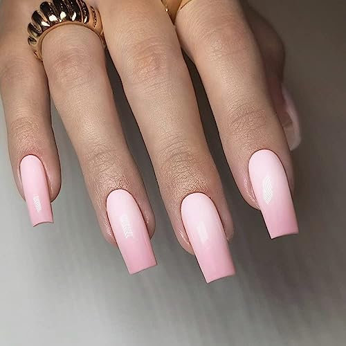 KXAMELIE Ongles longs à coller - Dégradé de couleur rose clair - Faux ongles - Couverture complète - Gel opaque - En acrylique - Simple - Pour femmes et filles - Pour le travail quotidien