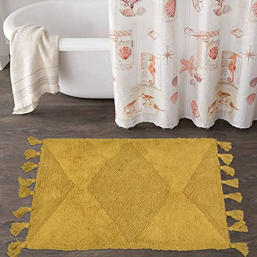 Boho-Badezimmerteppiche mit Quasten, Baumwoll-Badematte, handgewebt, böhmische Teppiche mit Teppich, rutschfestes Pad, Boho-Badezimmerdekoration, waschbar, Badteppich, 50.8x81.3 cm, senf