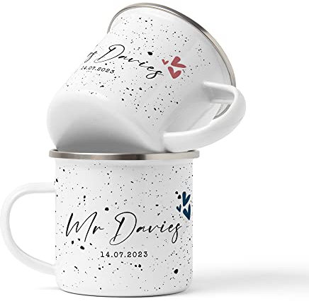 WOWZ DESIGN & PRINT DESIGN LTD Mr and Mrs Couples Coffee Mugs, Personalised Tin Coffee Cups Set - Tin Years Bridal Shower Engagement Wedding Anniversary Valentines Gifts for Couples