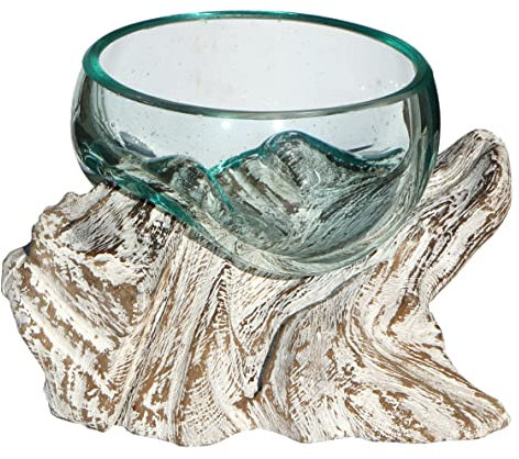 Wogeka - White Line Collection - Glas Schale in Wurzel-Holz Gamal - im modernen Style aus Holz als Geschenk-Idee zu Weihnachten Geburtstag Dekoration (Schale Mw (Ø Glas 13-15 cm))