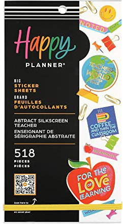 Happy Planner Aufkleber-Set für Lehrer, Planer und Projekte – Mehrfarbige Aufkleber – große Größe – abstraktes Siebdruck-Lehrer-Thema – 30 Blatt insgesamt 518 Aufkleber