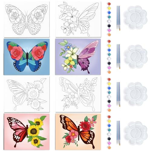 WEBEEDY 4 Pack Butterfly Pre Drawn Canvas Painting Kit for Adults, Butterfly Flowers Pre Drawn Canvas to Paint for Adults, Sip and Paint Kit for Couples Date Night Christmas Party Supplies Home Decor