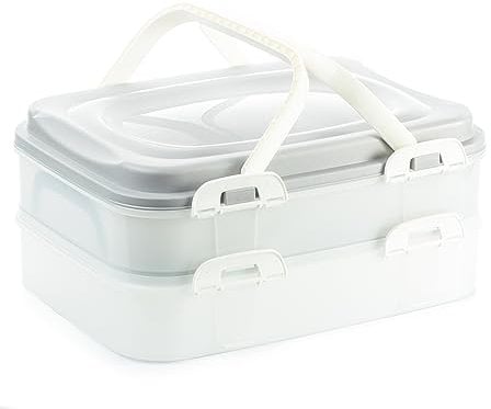 Kuchen Transportbox & Cupcake/Muffin Transportbox - Kuchenbehälter, 2 Etagen Rechteckig Partycontainer mit Hebeeinsatz + Deckel mit Tragegriffen & Clickverschlüssen, 40x30x18cm, Made in EU, Grau