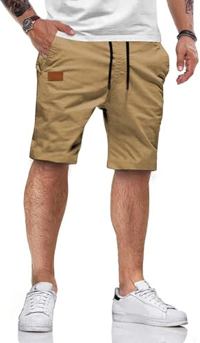 HMIYA Kurze Hosen Herren Baumwolle Chino Shorts Sommer Freizeitshorts Elastische Taille mit Taschen(Khaki,EU-L)