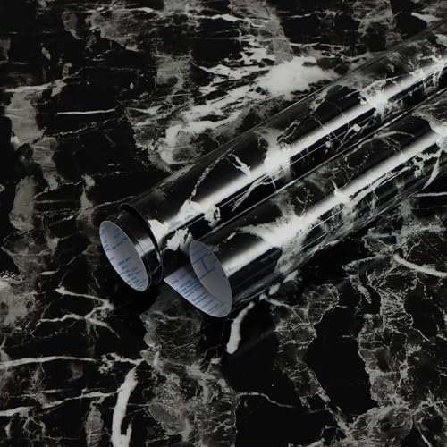Yomshi Black Marble Wallpaper Self Adhesive Wallpaper Glossy Marble Contact Paper Kitchen Worktop Covering 40×300cm Peel and Stick Wallpaper Waterproof Vinyl Film for Kitchen Countertop Table