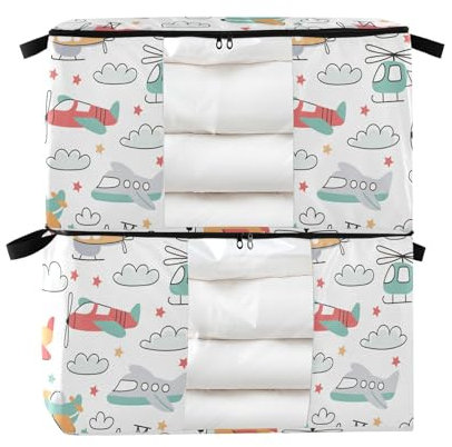 linqin Cartoon-Flugzeuge 2 Stück Unterbett-Aufbewahrungstaschen, zusammenklappbar, Bett-Organizer, Aufbewahrung für Schrank, faltbare Aufbewahrungsbehälter mit Deckel, Kleider-Organizer und