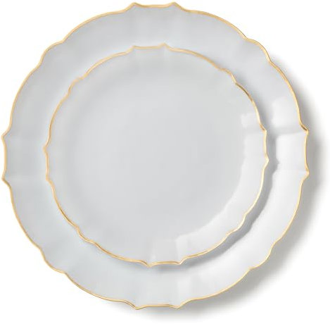 Decorline - 32 Assiettes en plastique Dur réutilisable Avec Bordure - pour 16 personnes (16x26cm & 16x19cm) - Collection Combo Luxe - pour Anniversaires, Mariages & Fêtes - Blanc/Or
