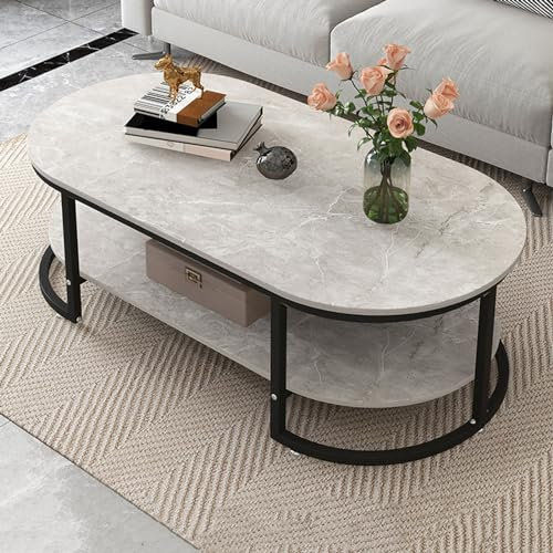 HELIXUE Ovaler Marmor-Beistelltisch, moderner Wohnzimmer-Cocktailtisch, mit offenem Stauraum, für Wohnzimmer, Heimbüro, Couchtisch – einfach zu montieren, B, 120 x 60 x 42 cm (C 120 x 60 x 42 cm)