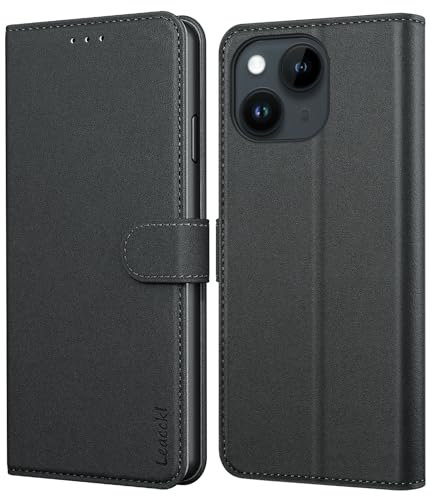 Leacckl Coque pour iPhone 13 / iPhone 14, Etui Protection Housse Premium en Cuir PU Portefeuille, [Ranges Cartes] [Fonction Support] Pochette Fermeture Magnétique pour iPhone 12/12 Pro, Noir