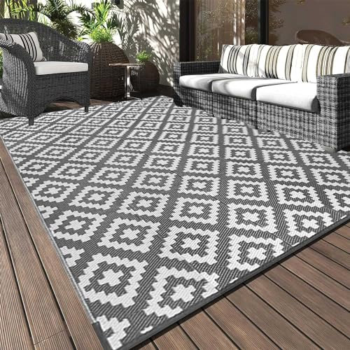 XQKXHZ Tapis d'exterieur en Plastique 120x180 cm,Tapis de Sol Camping Car Imperméable,Tapis de Paille Résistant aux UV,Tapis de Sol Extérieur pour Terrasse Balcon Plage Pique-Nique Jardin,Grey+White