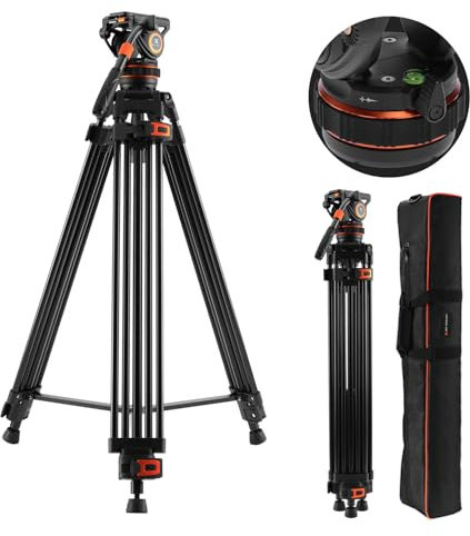 K&F Concept 75/ 191cm Trípode Video VA3+BV10, Trípode de Aleación de Aluminio Resistente con 360° Cabezal de Fluido, Compatible con Canon Nikon Sony y Otras, Carga hasta 17.6lb/ 8kg