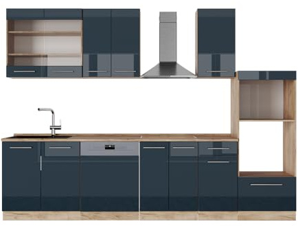 Vicco Küchenzeile Fame-Line, Dunkelblau Hochglanz/Goldkraft Eiche, 300 cm mit Hochschrank, ohne Arbeitsplatte