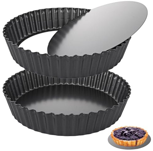 LOLYSIC 2 Pack Quiche Tins - 26cm 10 Non Stick Fluted Tart Tins, 5.5cm Deep Flan Tins with Loose Base, Carbon Steel Pie Dish Pan Removable Bottom Quiche Dish for Baking, Black