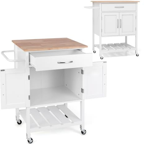 KOMFOTTEU Küchenwagen mit Arbeitsplatte aus Massivholz, Servierwagen mit Doppeltür & Schublade, Rollwagen Getränkewagen 73 x 48 x 90 cm (Weiß)