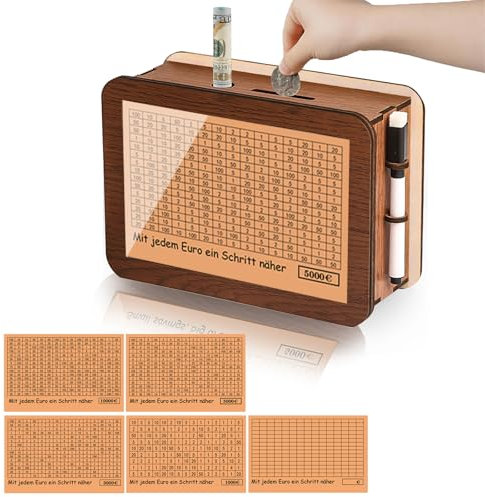 KJSXUUE 5-in-1 Spardose aus Holz – Wiederverwendbare Sparbüchse Aufbewahrungsbox, Sparbox mit Zahlen zum Ankreuzen, Sparziele 1.000€, 3.000€, 5.000€, 10.000€ (braun)