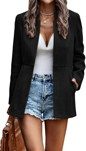 Jhsnjnr Women's Stand Collar Open Front Office Jacket Casual Full Lined Long Sleeve Blazer Winter Outwear Coat Solid Black