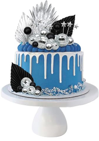 37 Pcs Cake Decorations Set, VEGCOO Sliver Black Disco Balls Cake Toppers Stars Foam Balls Palm Leaves Cake Toppers, 70s Party Supplies DIY Cake Decorations for Birthday Wedding Rock Theme Party Decor