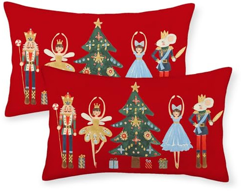 GOLIANDA Set di 2 federe per cuscini natalizie, 30 x 50 cm, motivo schiaccianoci, decorazione natalizia per l'inverno, per esterni, vacanze, lino, lombari, per divano e casa