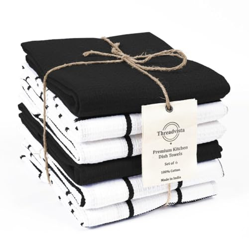 Threadvista 100% Cotton Waffle Kitchen Towels Assorted Set of 6 - Soft Highly Absorbent Durable Reusable - Perfect for Drying Cleaning Everyday Kitchen Use - Quick Drying Dish Towels 40x66 cm Black