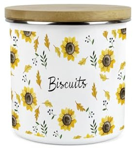 Purely Home Yellow Sunflowers Small Biscuits Storage Canister - Summery Floral Kitchen Décor - 1.2L Enamel Food Storage Container