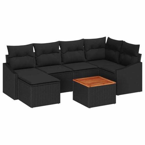 vidaXL 7-teiliges Garten-Sofaset mit Kissen, schwarzes Poly-Rattan, Akazie, für 6 Personen im Außenbereich, mit Stauraum und modernem Design. Modulare Lounge-Möbel für die Terrasse, wetterfest.