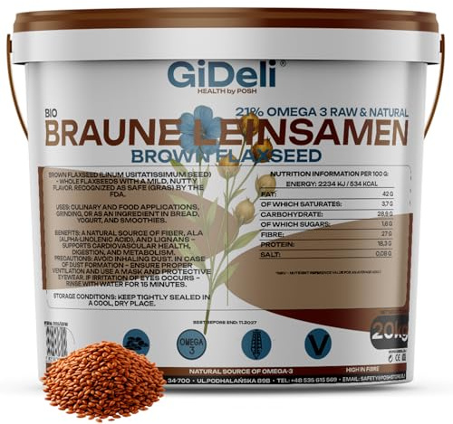 GiDeli Graines de Lin Brun 20kg – Riches en Protéines et Oméga-3 – Faibles en Sucre – Idéales pour Boulangerie et Pâtisserie – Saveur Douce Noisette – Pour Cuisine et Vegan – 100% Naturel