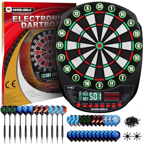 WIN.MAX Elektronisk darttavla professionellt set 34 spel med 354 varianter | Få slagverk, 354 spelvarianter, 3 ljusa LED-skivor, batteri eller strömförsörjning, 8 spelare, automatisk poängräkning