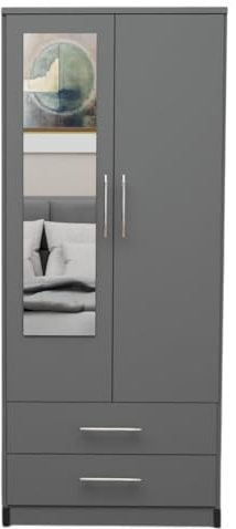 Fully Assembled 2 Door Modern 1 Mirrored Wardrobe with 2 Drawer Wardrobe – Freestanding Bedroom Storage Cabinet with Hanging Rail, 78W x 184H x 50D cm,Multiple Colours Available (GREY)