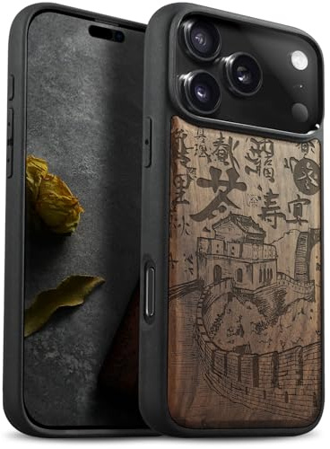 Carveit Holz Cover für iPhone 17 Pro, Nussbaum-Chinesische Mauer | Handyhulle kompatibel MagSafe Massivholz für iPhone 17 Pro Handyhülle Stoßstange Weich TPU Case