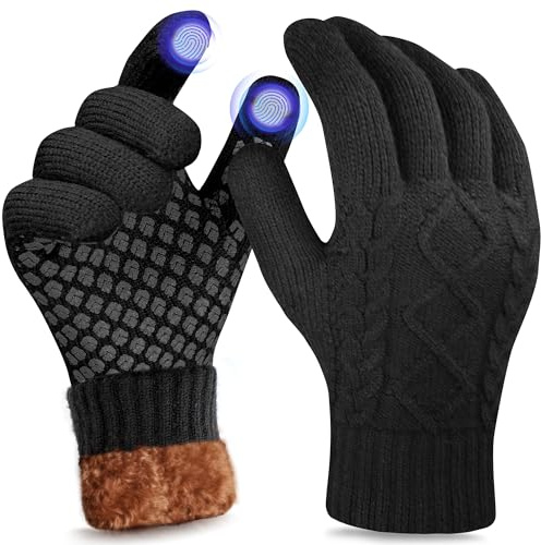 Origem Winter Thermal Gloves for Men and Women, Knit Fleece Lined Touch Screen Anti-Slip Warm Gloves, Cold Weather Driving Running Cycling Gloves for Outdoor Commute,schwarz, L