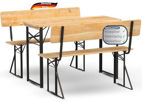 DELUKE Bierzeltgarnitur mit Lehne klappbar Holz 120cm klein RINHO - 3 Teilig | 2X Bierbank 1x Biertisch | Festzeltgarnitur Biertisch Stehtisch Sitzgarnitur