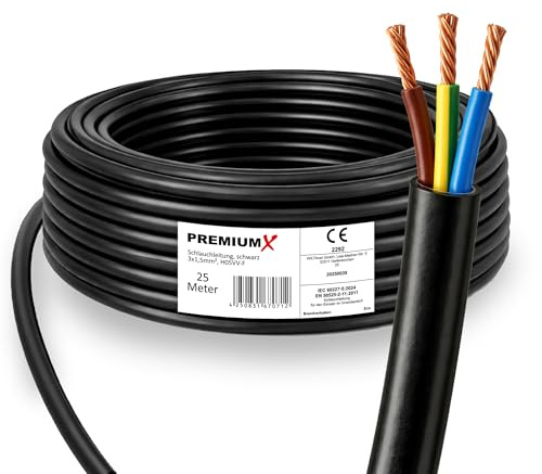 PremiumX Schlauchleitung H05VV-F 3x1,5 mm² - Flexible PVC Anschlussleitung für Elektroanschlüsse im Innenbereich - 25 Meter