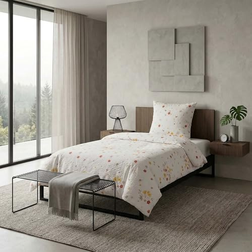 Casa Colori Seersucker Bettwäsche 135x200 cm Weiß Blumenmuster – Bettwäsche-Set aus 100% Baumwolle – Atmungsaktiv & Trocknergeeignet