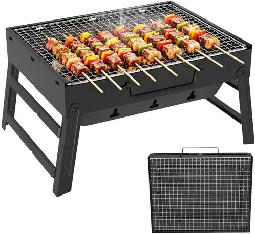 Huracan Tragbarer Holzkohlegrill, Klappbar Kompakter Grill mit Griff und entnehmbarem Ascheauffangbehälter, Edelstahl Kleiner Grill Picknickgrill für Garten, Balkon, Camping, Picknick & unterwegs