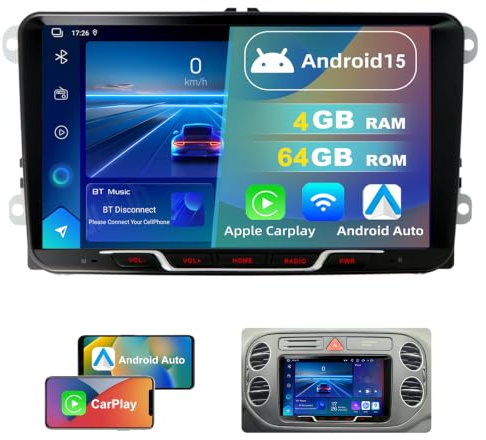 DVRMEDIA 4GB+64GB Android 15 Autoradio für VW Golf Plus 2004-2013| Tiguan 5N 2007-2016, 2-DIN 9 Zoll QLED-Bildschirm, Wireless CarPlay & Android Auto, 1080P Rückfahrkamera, GPS, WiFi, DSP, RDS