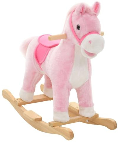 Runheo Schaukeltier Schaukelpferd Plüsch 65x32x58 cm Rosa, Wippe mit Holz Sockel und Metallrahmen, für Kinder ab 24 Monaten, bis 40 kg, indoor Spielzeug