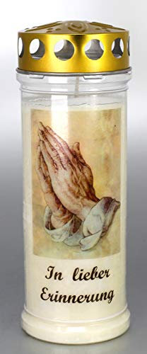 Grabkerze mit Spruch und Motiv Hände, (21x7,5 cm) Grablicht mit 7 Tage Brenndauer (3718), Wetterfestes Trauerlicht mit Deckel, Hochwertige Trauerkerze, Edle Gedenkkerze aus Deutschland