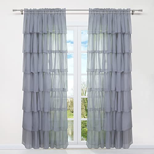 HongYa 1 Stück Voile Gardine Schal mit Rüschen Halbtransparenter Vorhang Tunnelzug Einfarbiger Fensterschal H/B 245/140 cm Grau