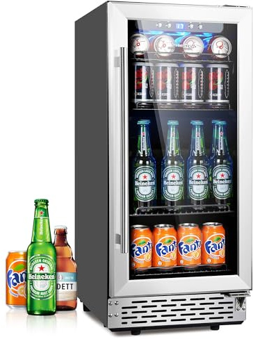 Phiestina refrigerador de bebidas de 15 pulgadas – 96 latas integradas o refrigerador de bebidas de pie con puerta de vidrio para cerveza o vino – nevera compacta para bar en casa o en la oficina