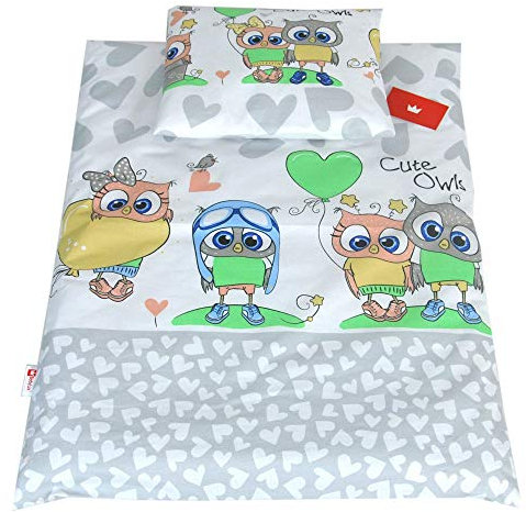 Babylux 2 TLG. Set Bezug für Kinderwagen Stubenwagen oder Wiege Garnitur Bettwäsche Kissen Decke 60 x 78 cm (101. Eule Grau)