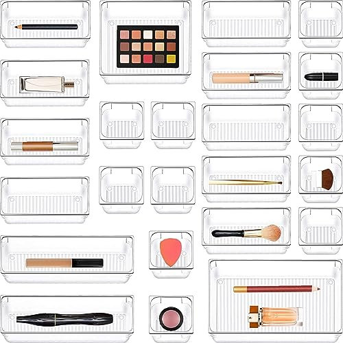 SIUNDAM 24 Stücke Schubladen Ordnungssystem mit 5-Größen-Aufbewahrungsboxen, Antirutsch Transparent Make-up Organizer Schublade für Schminktisch Küche Badezimmer